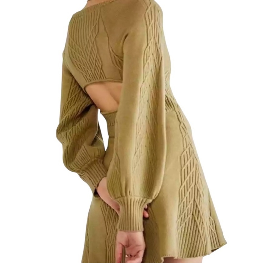 Free People.   Green Bodycon Sweater Dress with Bishop Sleeves. - Picture 6 of 13